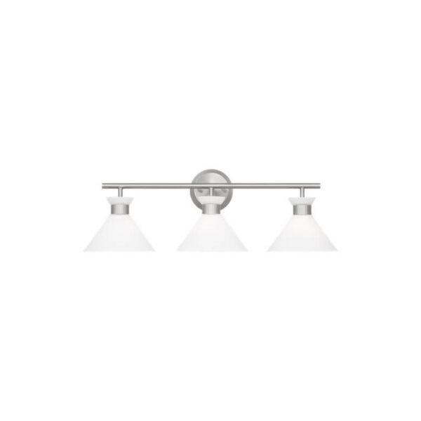 Three-light wall fixture with frosted glass shades and a brushed metal finish