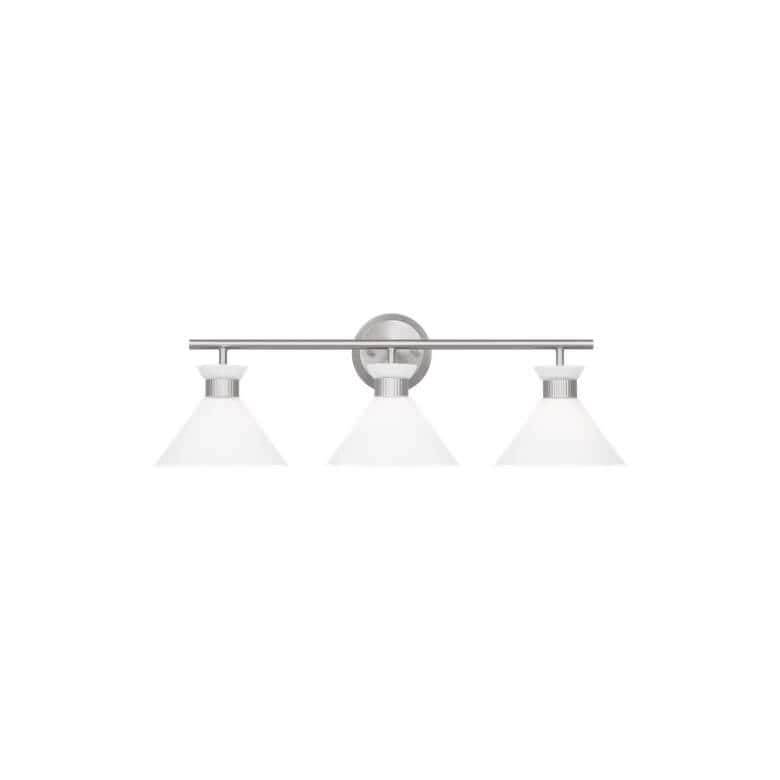 Three-light wall fixture with frosted glass shades and a brushed metal finish