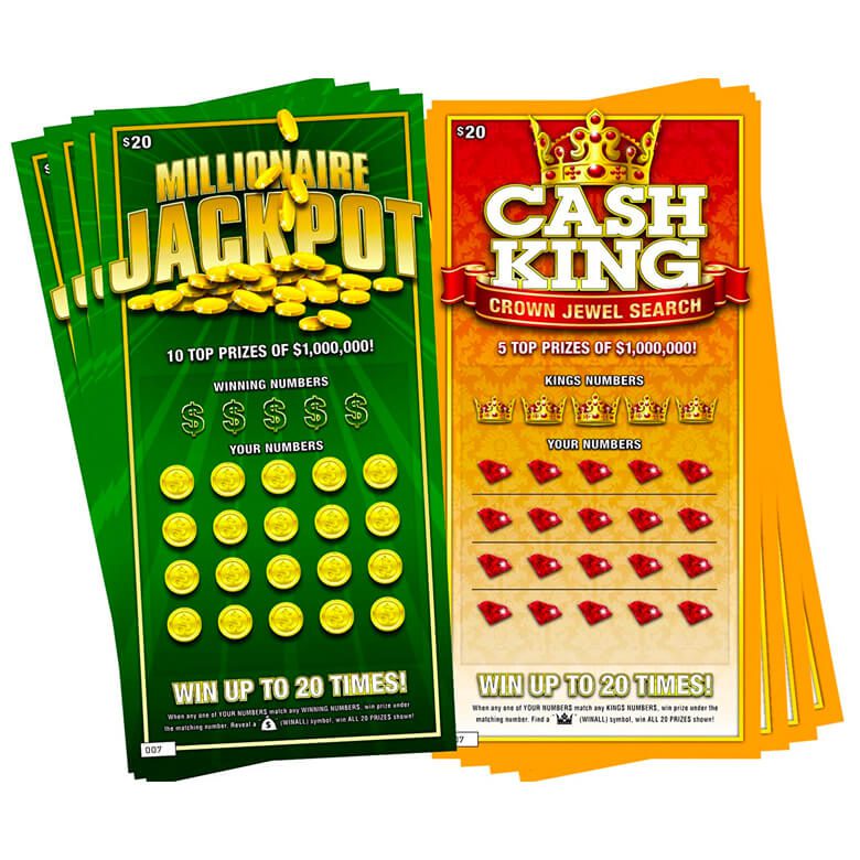 Stacks of $20 lottery scratch-off tickets titled "Millionaire Jackpot" and "Cash King."