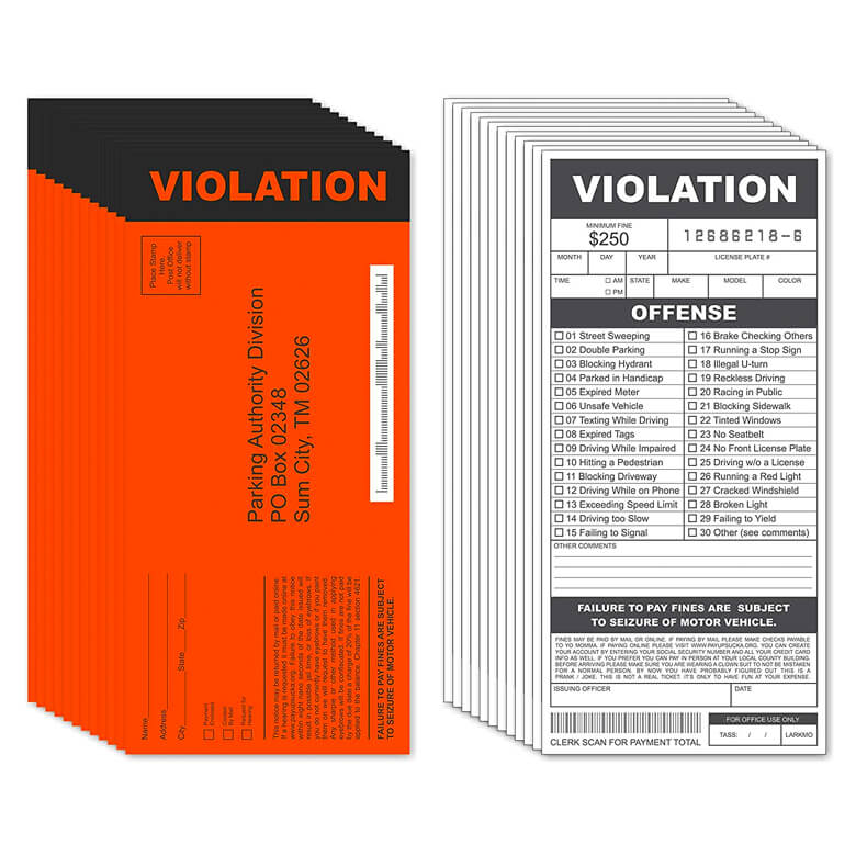 Fake parking tickets with offense checklists and orange violation envelopes