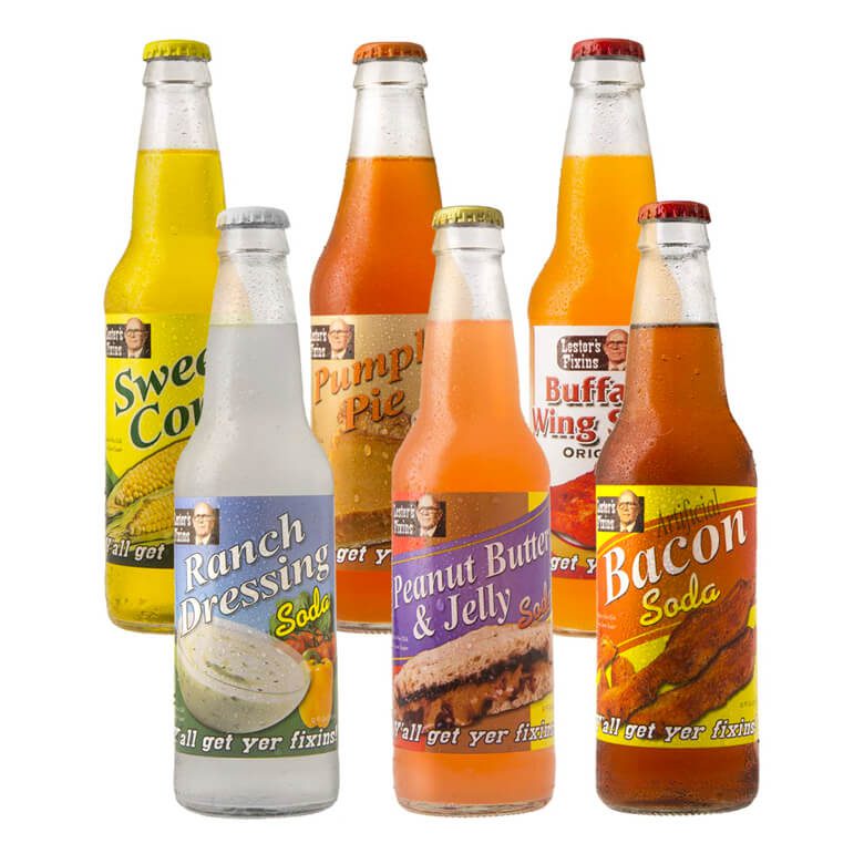 Assortment of novelty sodas with unique flavors, including ranch dressing, bacon, and peanut butter & jelly