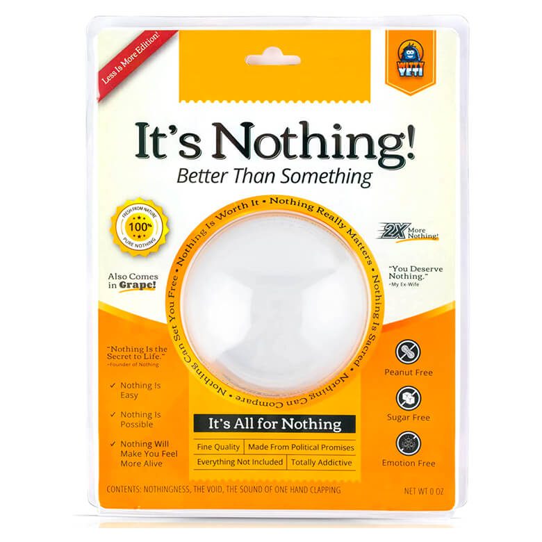 Gag gift packaging labeled “It’s Nothing!” with an empty plastic bubble and humorous text