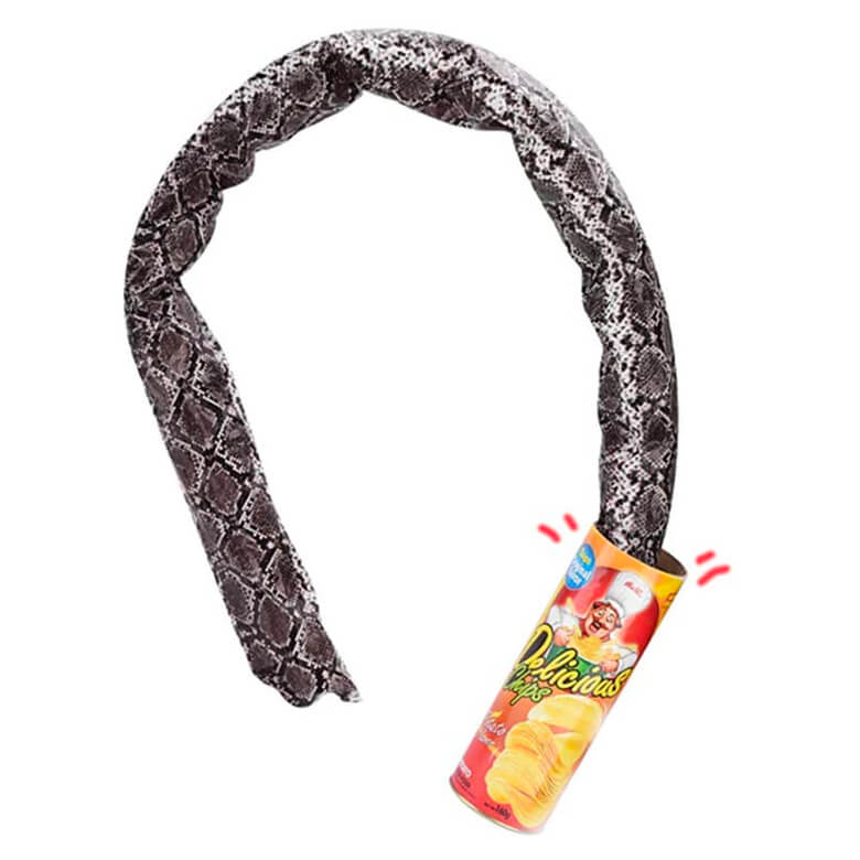 Snake-in-a-can prank toy with a coiled faux snake popping out of a colorful chip container