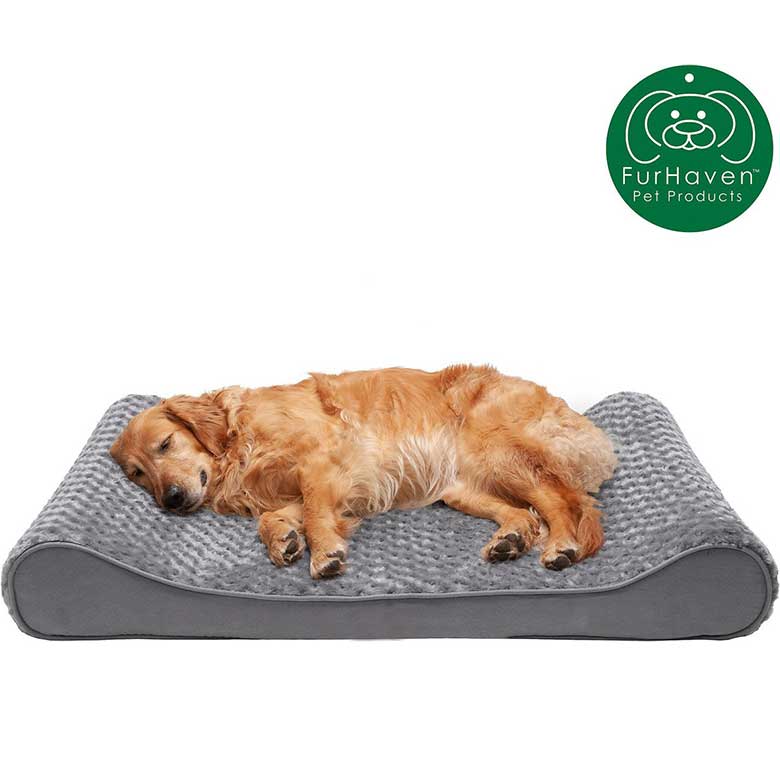 Golden retriever sleeping on a gray orthopedic dog bed by FurHaven