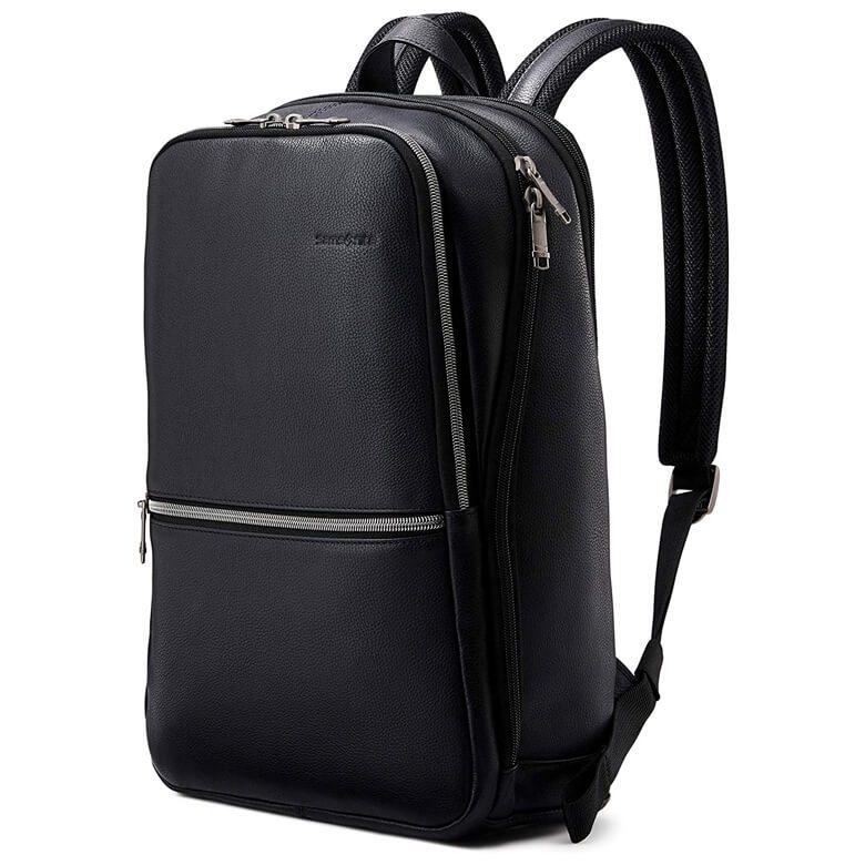 Sleek black leather backpack with multiple zippered compartments and padded shoulder straps