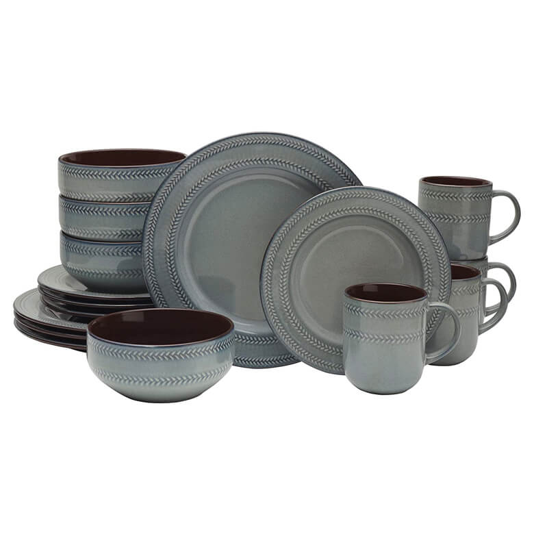 Elegant stoneware dinnerware set with textured edges and a soft gray finish