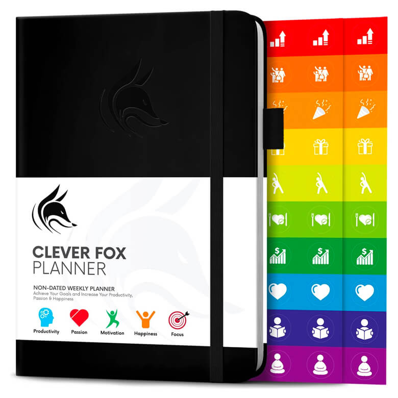 Black Clever Fox planner with colorful goal and productivity stickers