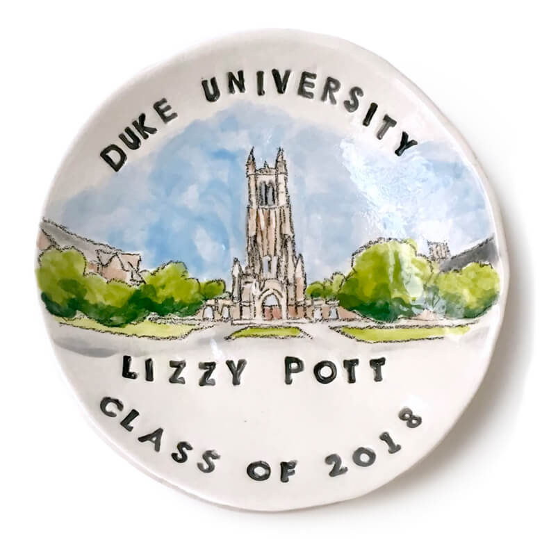 Ceramic plate featuring Duke University chapel illustration with text "Lizzy Pott Class of 2018."