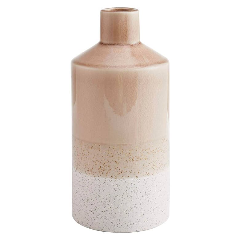 Tall ceramic vase with a gradient design in beige, speckled tan, and white