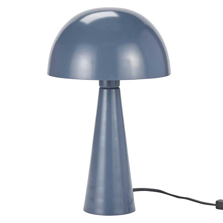 Blue mushroom-style table lamp with a conical base and dome shade