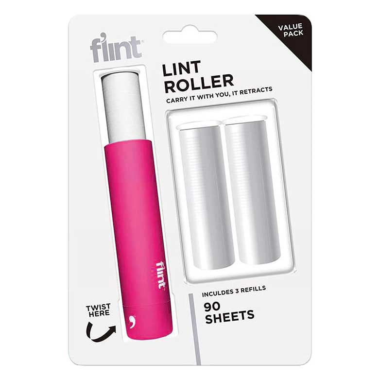 Pink retractable lint roller with two refills, 90 sheets total