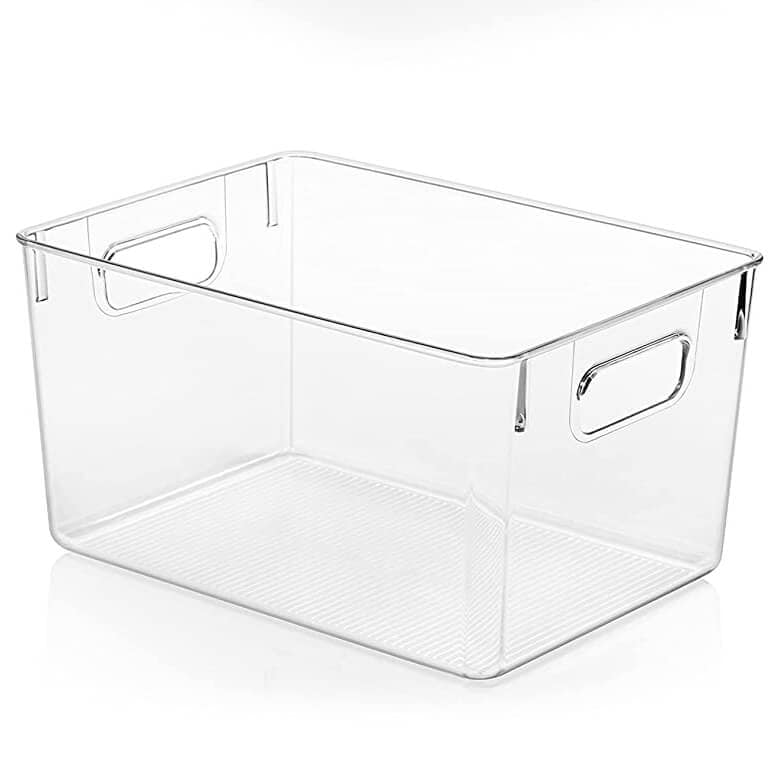 Clear plastic storage bin with built-in handles