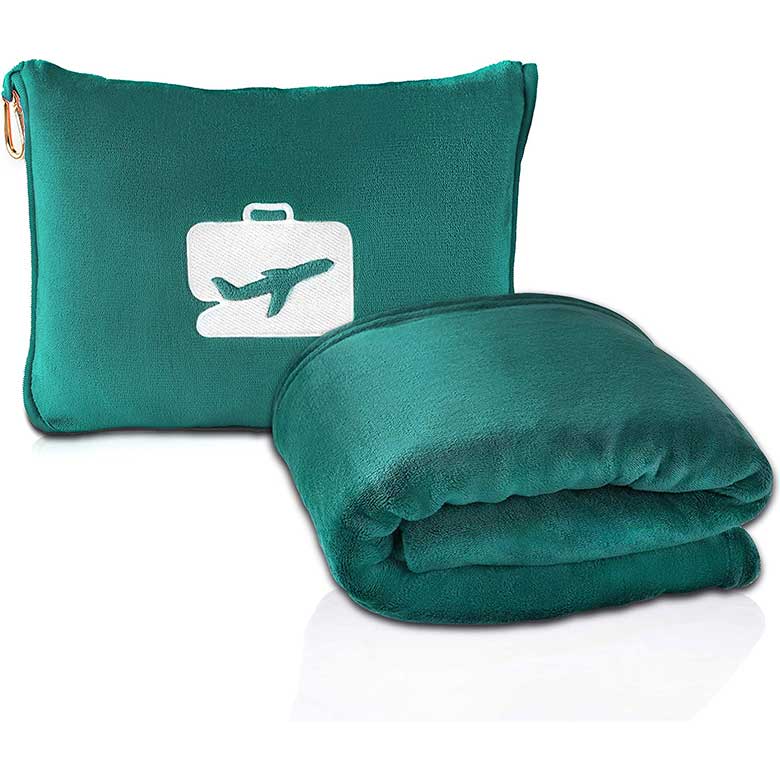 Compact travel blanket and pillow set in teal with a suitcase and airplane design