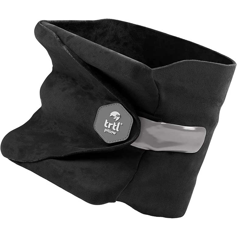 A black travel neck pillow designed like a wrap-around scarf with built-in support and a branded label reading "trtl pillow"