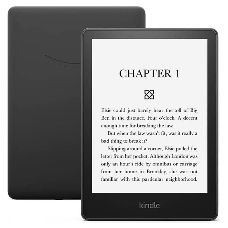 Black Kindle e-reader displaying Chapter 1 of a book, with a sleek, minimalist design and e-ink screen