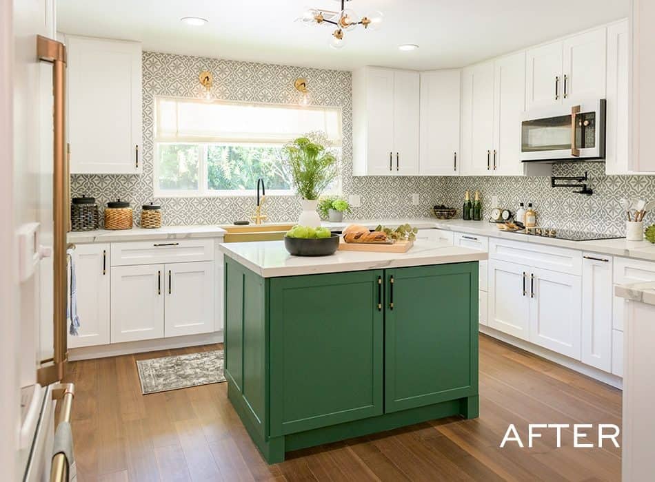 Bright kitchen with white cabinetry, patterned backsplash, and a green island centerpiece