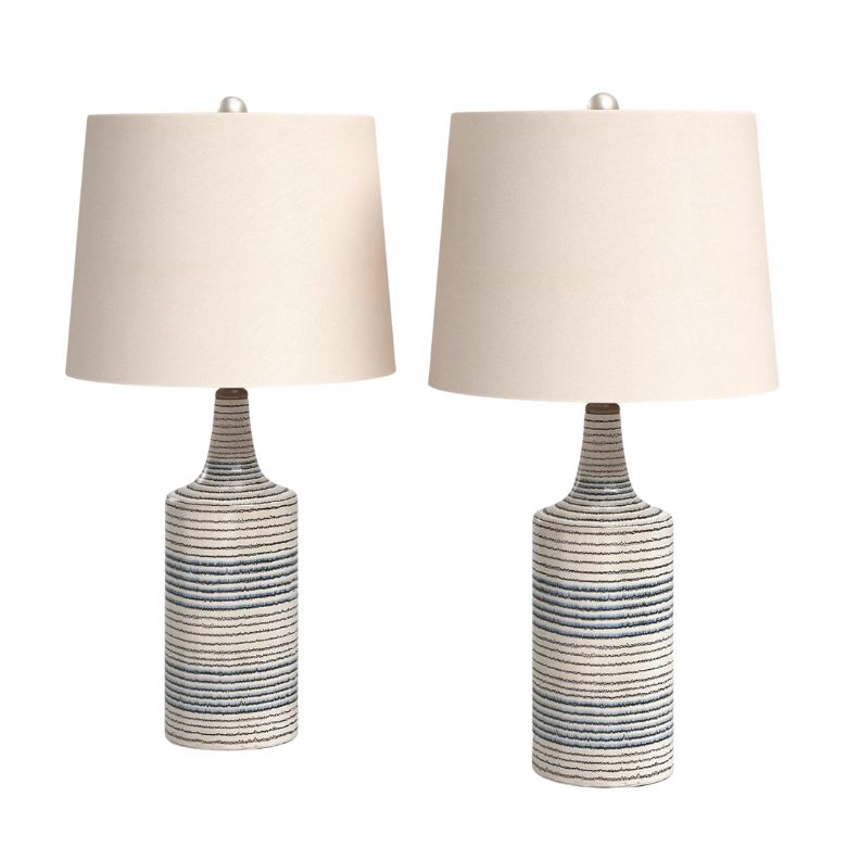Pair of striped ceramic table lamps with beige fabric lampshades