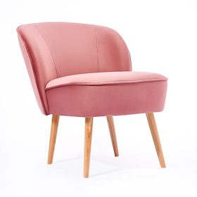 Pink upholstered chair with wooden legs