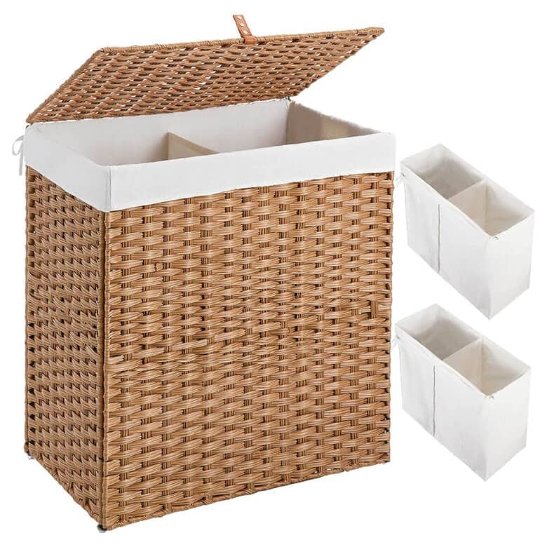 Woven laundry hamper with lid, white fabric lining, and removable divider bags