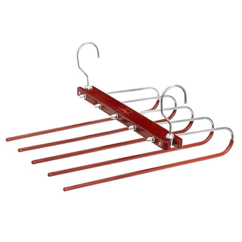 Multi-layer pants hanger with wooden bar and five metal hanging rods
