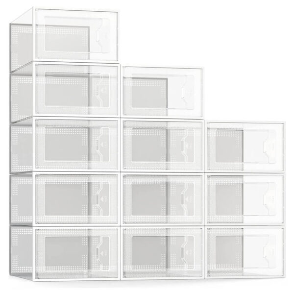 Stack of clear plastic shoe storage boxes with front-opening doors and ventilation holes