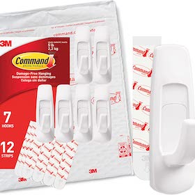 3M Command damage-free hanging hooks set with 7 white hooks and 12 adhesive strips