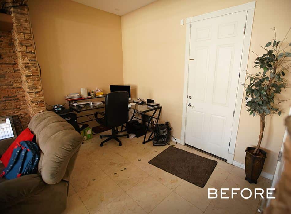 Before image of a small home office space with a beige wall, a white door, and a tiled floor
