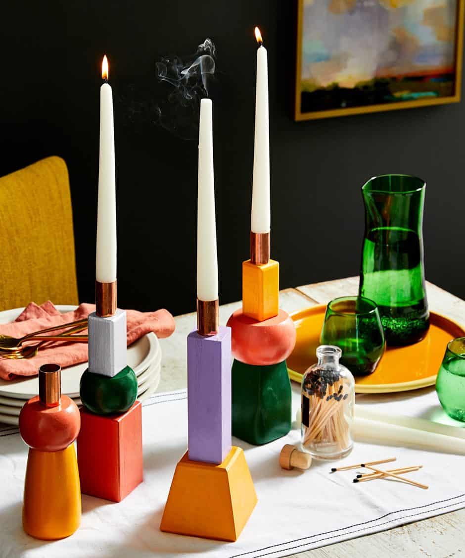 diy color block wooden candle stick holders