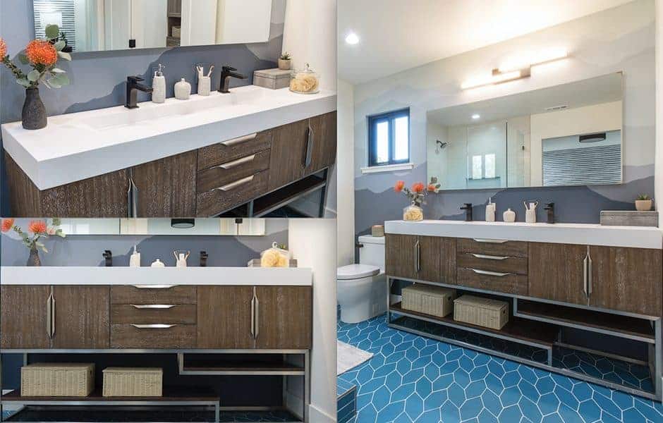 Modern bathroom with a wood vanity, double sinks, and blue hexagon tile flooring