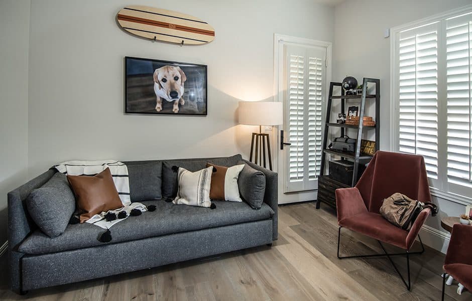 Living room with a gray sofa, a framed photo of a dog, a surfboard hanging on the wall, a bookshelf, and a red armchair
