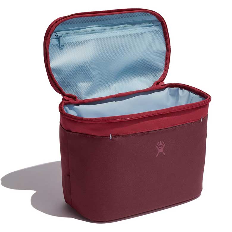 Maroon insulated cooler bag with a light blue interior and zippered mesh pocket in the lid