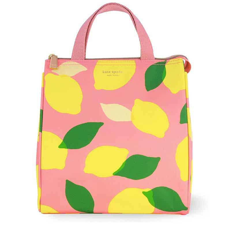 Pink lemon-patterned lunch bag with a zipper closure and top handles