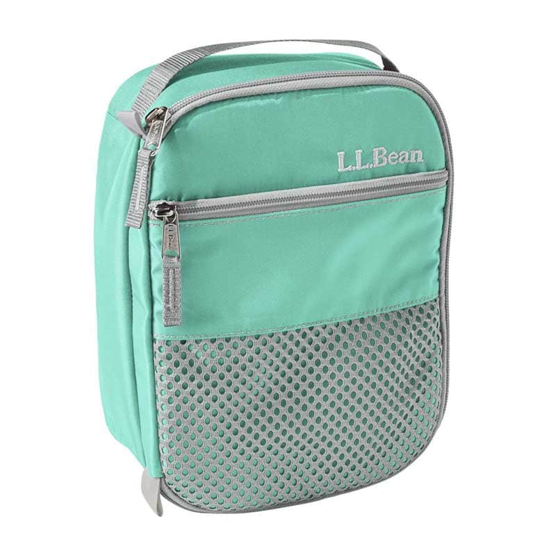 Mint green L.L. Bean lunch box with gray zippers and mesh front pocket