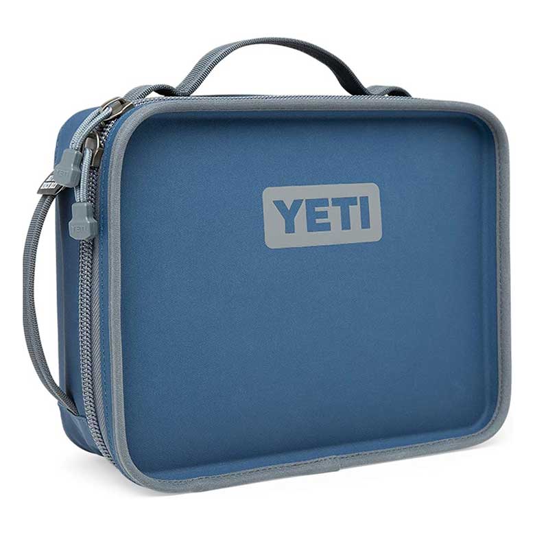 Blue YETI insulated lunch box with a zipper closure and carrying handle