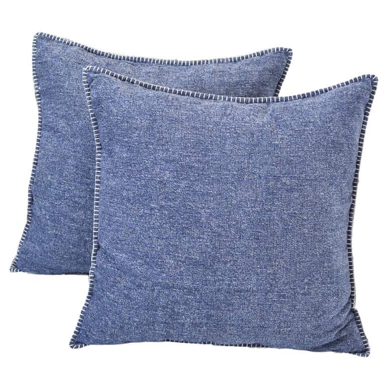 Pair of blue fabric throw pillows with stitched edges