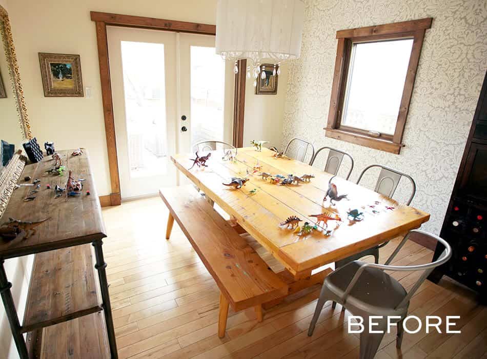 Rustic dining room with wooden table, metal chairs, bench seating, and toy dinosaurs
