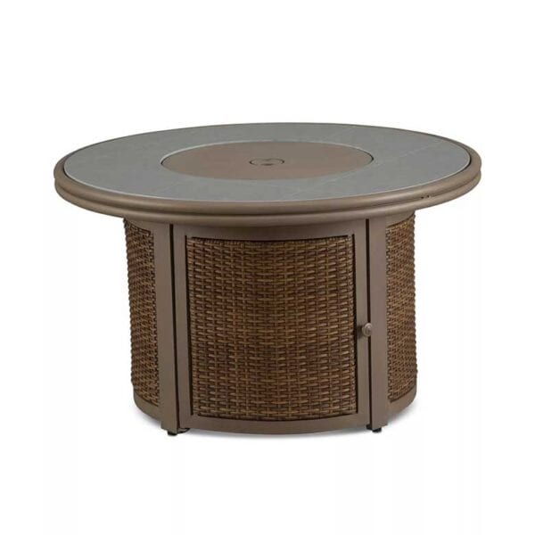 Round wicker fire pit table with a flat top and storage compartment