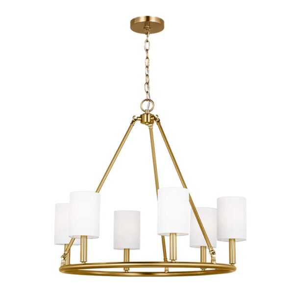 Gold chandelier with six white cylindrical shades on a circular frame