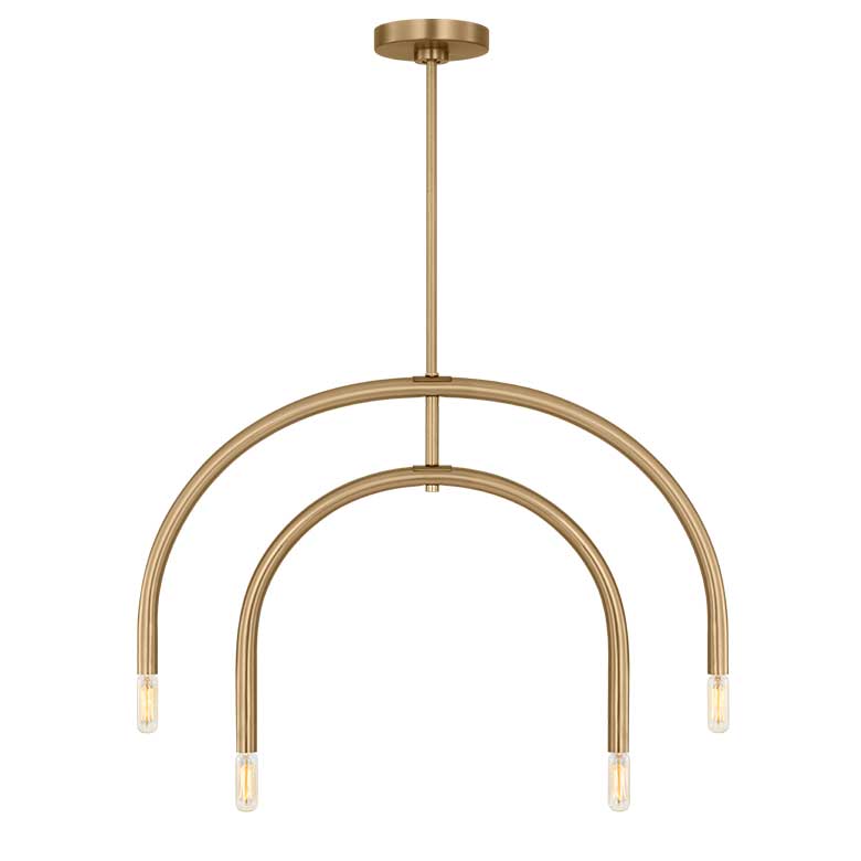 Gold arched chandelier with five exposed bulb sockets in a modern, minimalist design