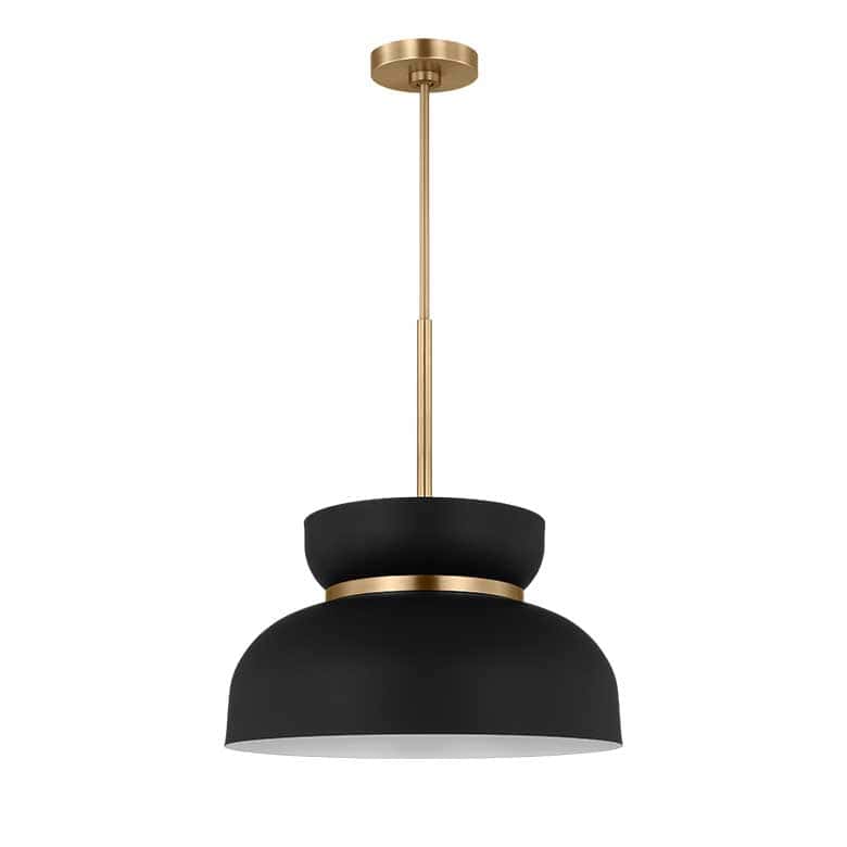 Black and gold pendant light with a modern design and a brass ceiling mount