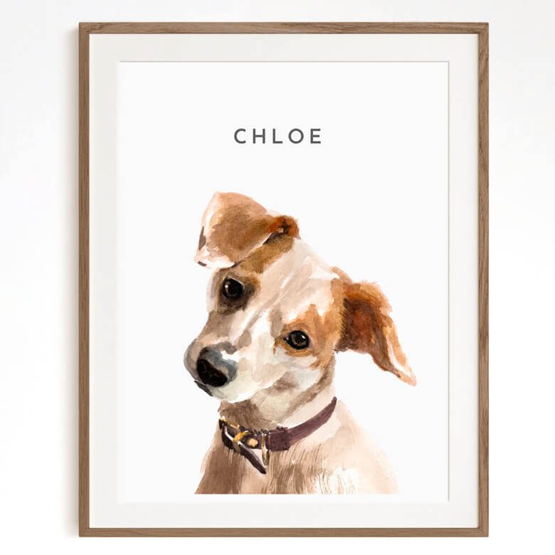 Watercolor portrait of a dog named Chloe, framed with a wooden border