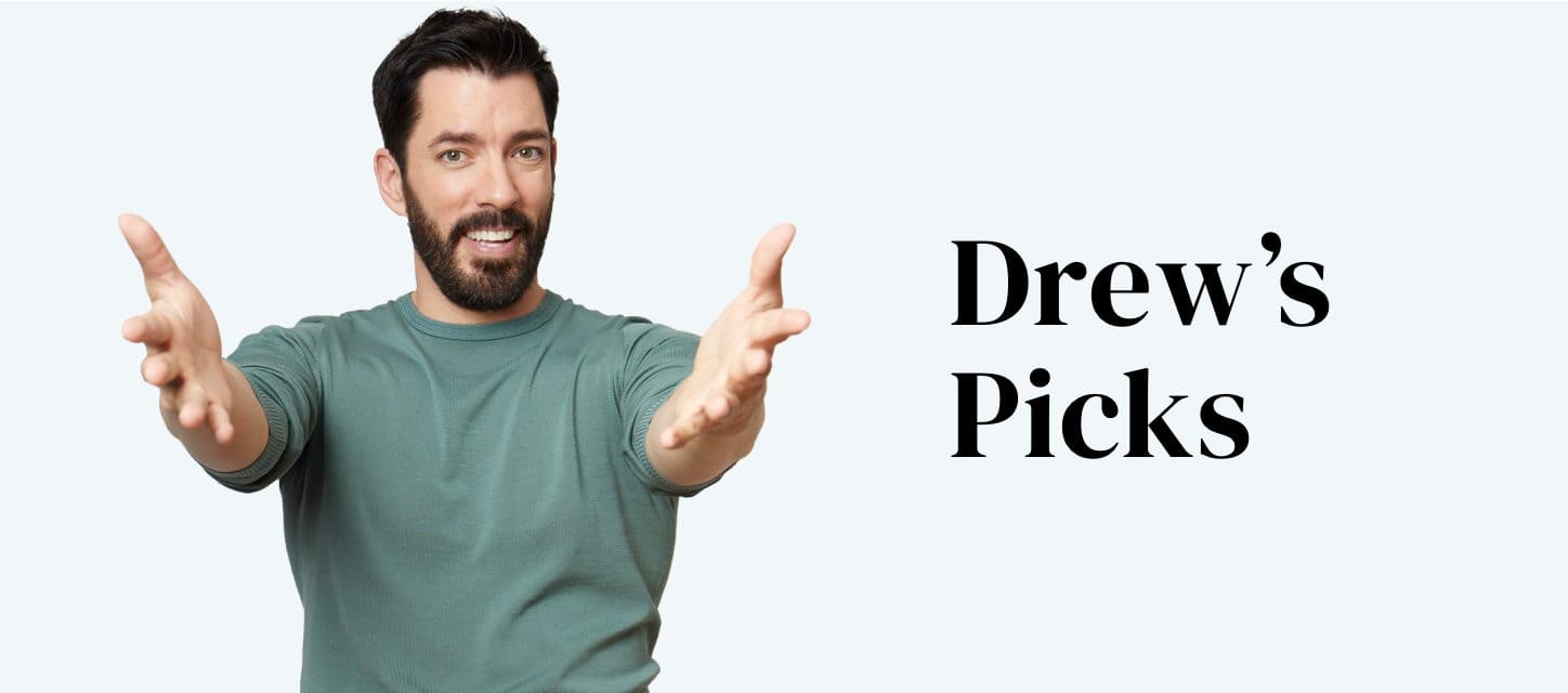 Drew in a green shirt with arms extended, next to the text 