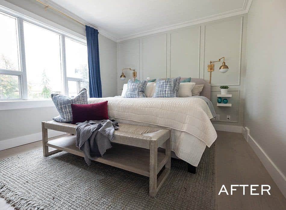 After image of a modern bedroom with a cozy bed, decorative pillows, a bench at the foot, and gold wall-mounted lamps