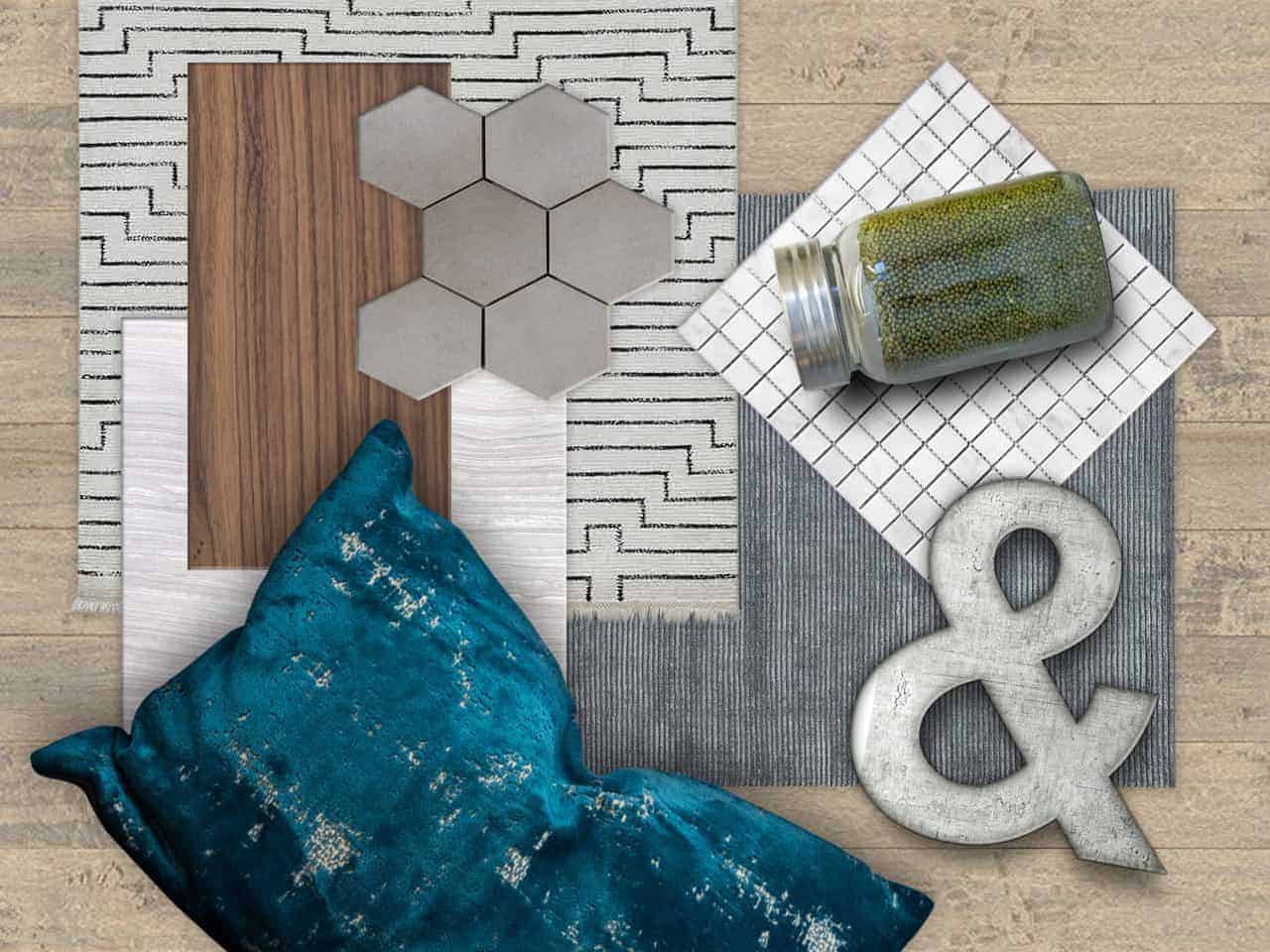 Interior design mood board with blue pillow wood sample hex tile and fabric swatches