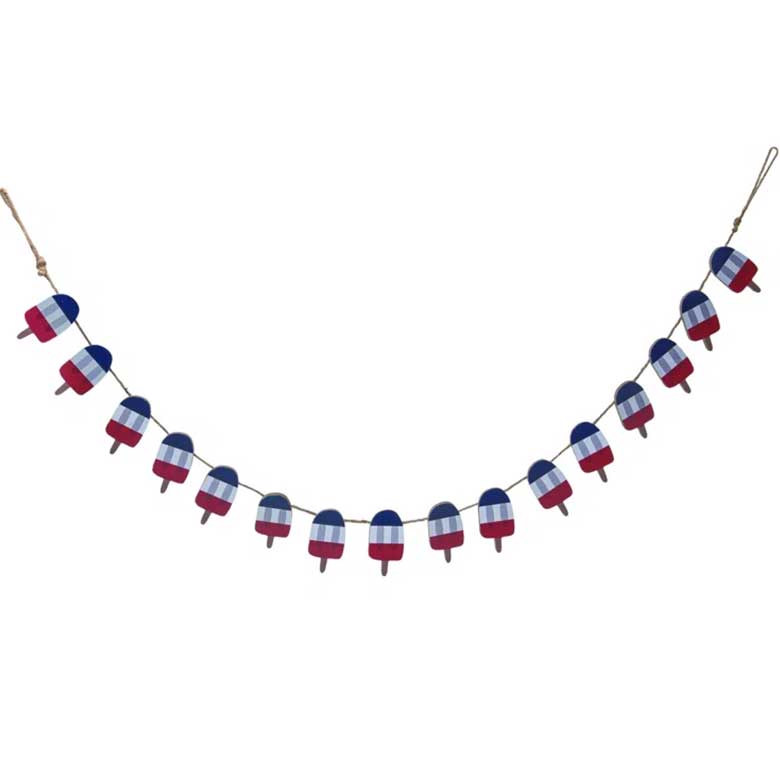 Patriotic garland decorated with red, white, and blue popsicle shapes