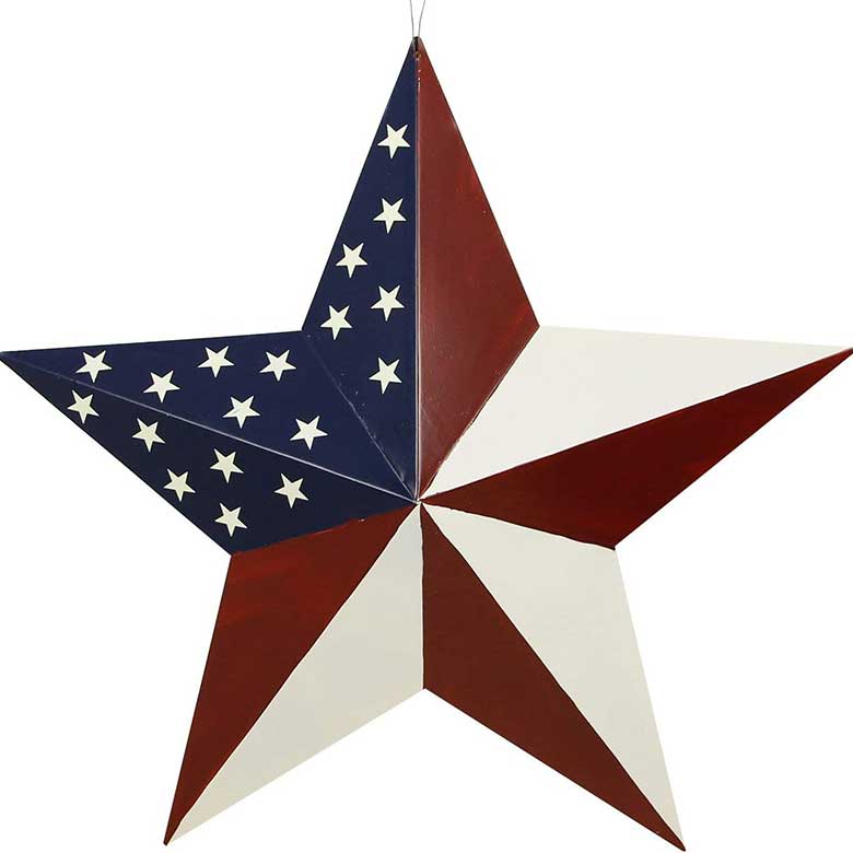 Patriotic five-pointed star decoration painted in red, white, and blue with white stars