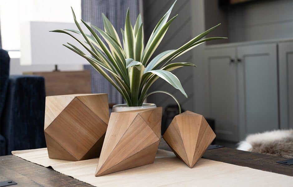 Geometric wooden planters with a modern design, featuring a striped green plant centerpiece on a rustic table