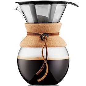 Glass pour-over coffee maker with a cork grip and a stainless steel filter