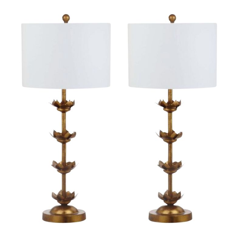 Two gold floral base lamps with white lampshades