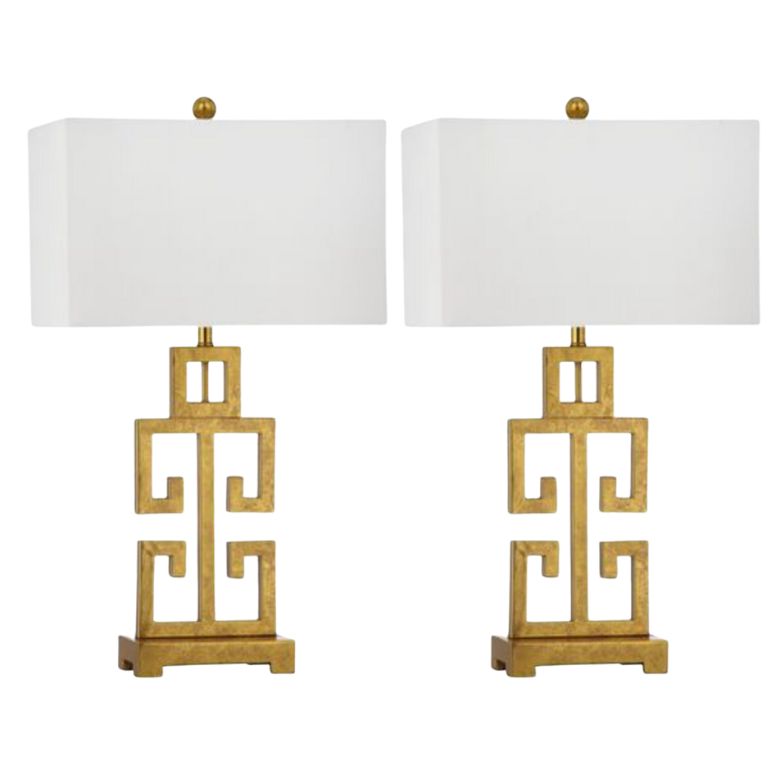 Pair of gold geometric table lamps with white rectangular shades